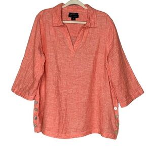 Tahari orange coral salmon 3/4 sleeve‎ collared linen blouse. Size 1X